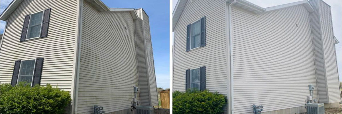 Before: A house covered in mildew; After: a clean house