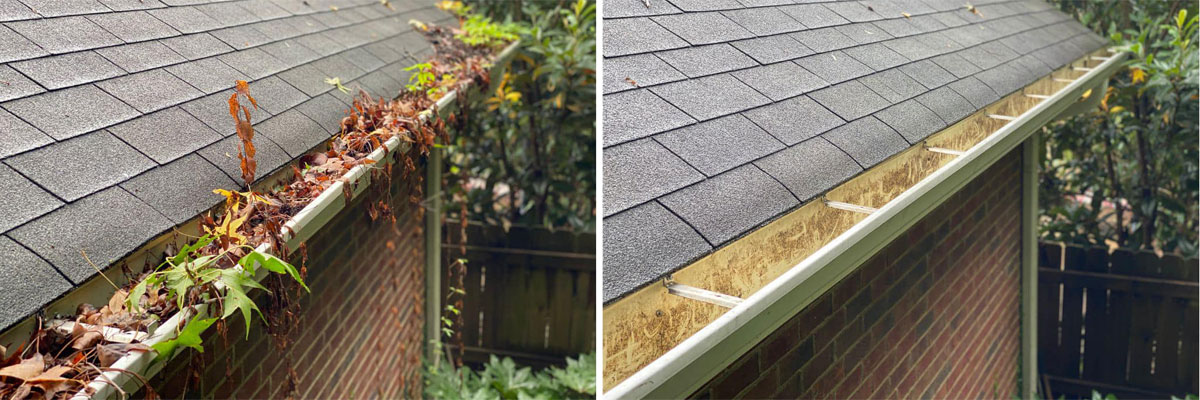 Before: A gutter full of leaves; After: A clean gutter