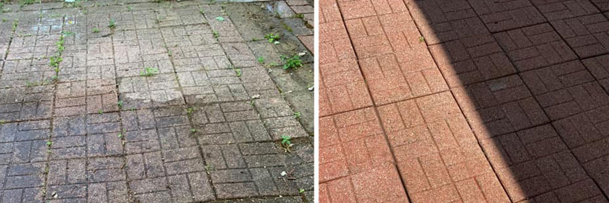 Before: dirty pavement bricks; After clean paving bricks
